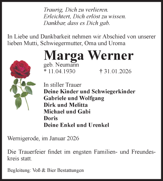 Traueranzeige von Marga Werner von Volksstimme Wernigerode