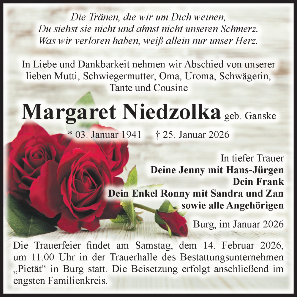  Traueranzeige für Margaret Niedzolka vom 07.02.2026 aus Volksstimme Burg/Genthin