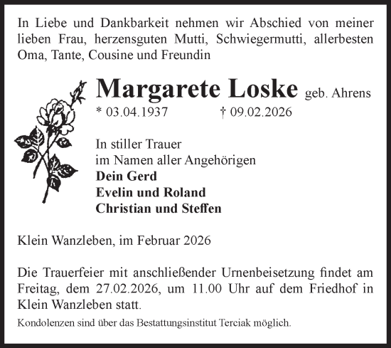 Traueranzeige von Margarete Loske von Volksstimme Oschersleben/Wanzleben