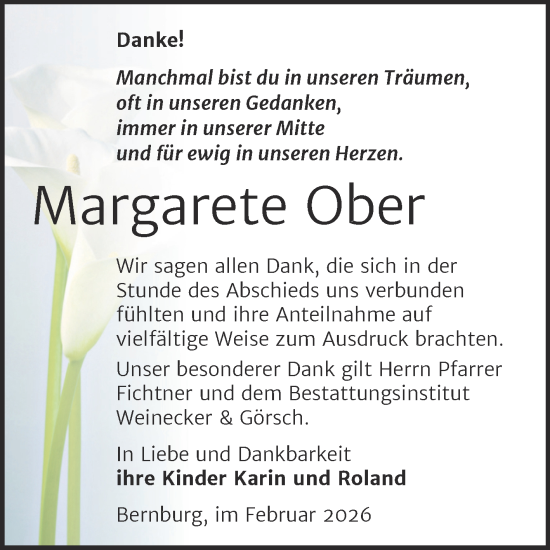 Traueranzeige von Margarete Ober von Trauerkombi Bernburg