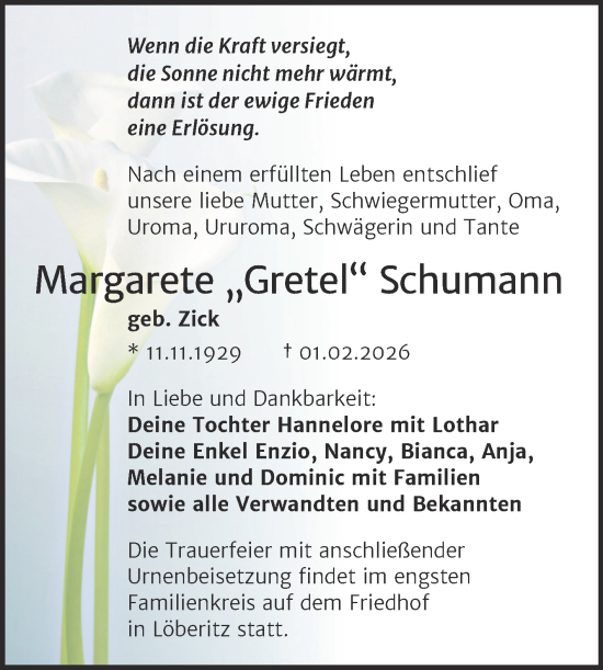 Traueranzeige von Margarete Schumann von Trauerkombi Bitterfeld