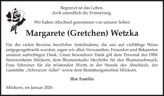 Traueranzeige von Margarete Wetzka von Volksstimme Burg/Genthin