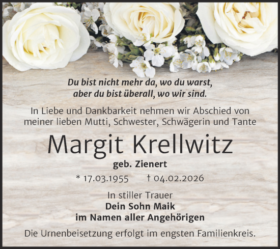 Traueranzeige von Margit Krellwitz von Trauerkombi Bitterfeld