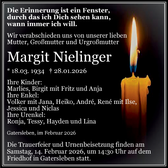 Traueranzeige von Margit Nielinger von Trauerkombi Aschersleben
