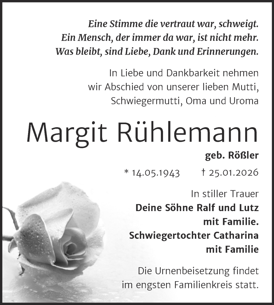  Traueranzeige für Margit Rühlemann vom 07.02.2026 aus Trauerkombi Merseburg