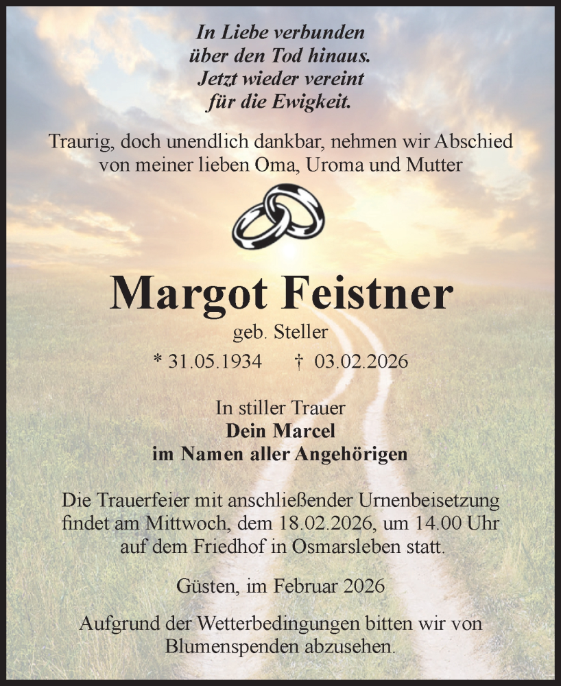  Traueranzeige für Margot Feistner vom 07.02.2026 aus 