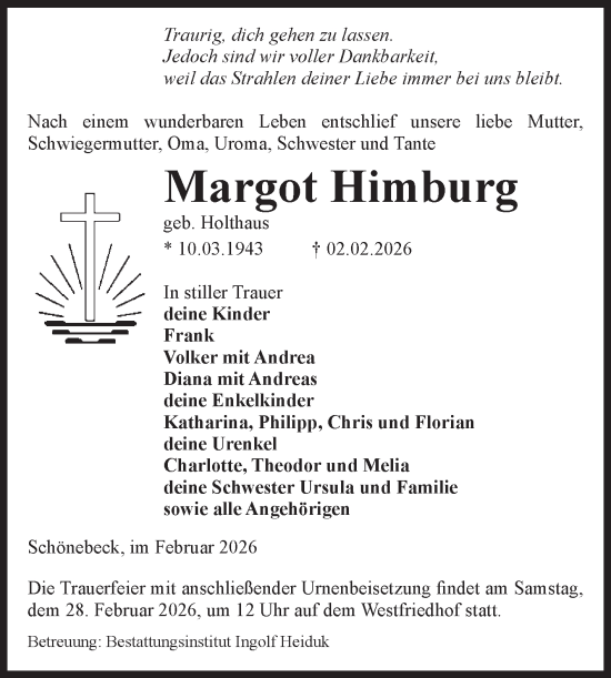 Traueranzeige von Margot Himburg von Volksstimme Schönebeck
