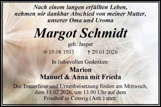 Traueranzeige von Margot Schmidt von Trauerkombi Wittenberg