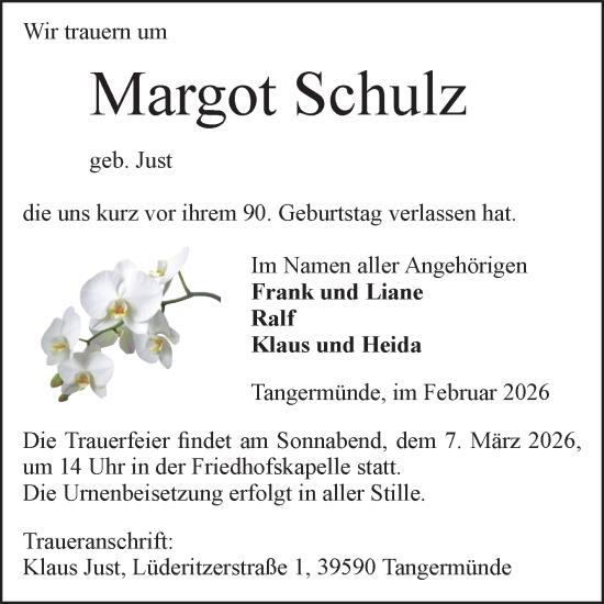 Traueranzeige von Margot Schulz von Volksstimme Altmark Ost