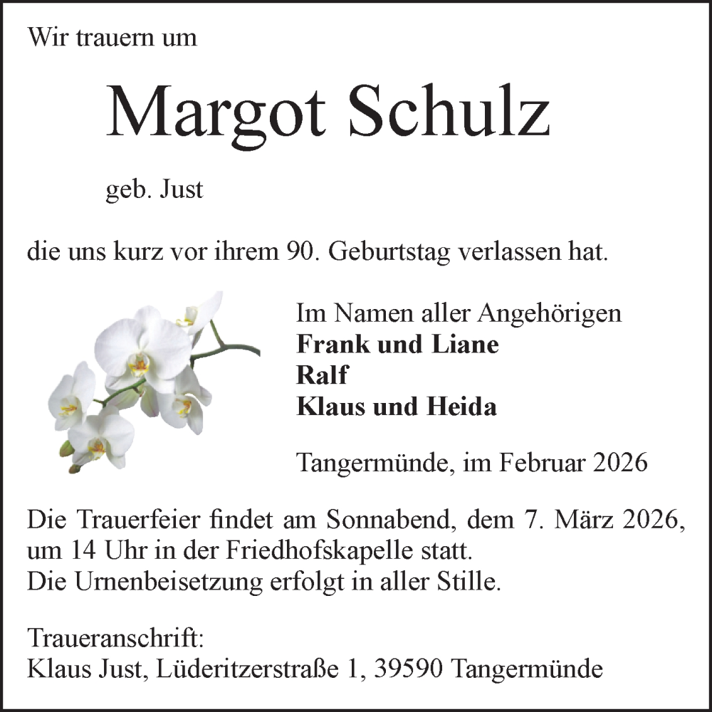  Traueranzeige für Margot Schulz vom 28.02.2026 aus Volksstimme Altmark Ost