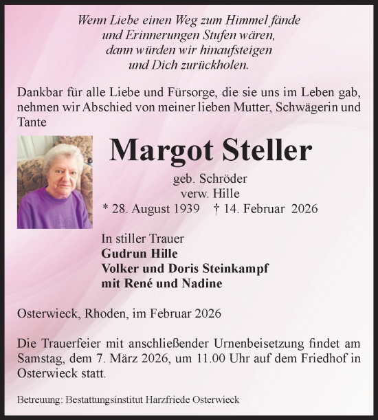 Traueranzeige von Margot Steller von Volksstimme Halberstadt