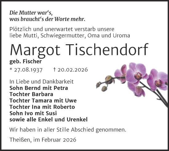 Traueranzeige von Margot Tischendorf von Trauerkombi Zeitz