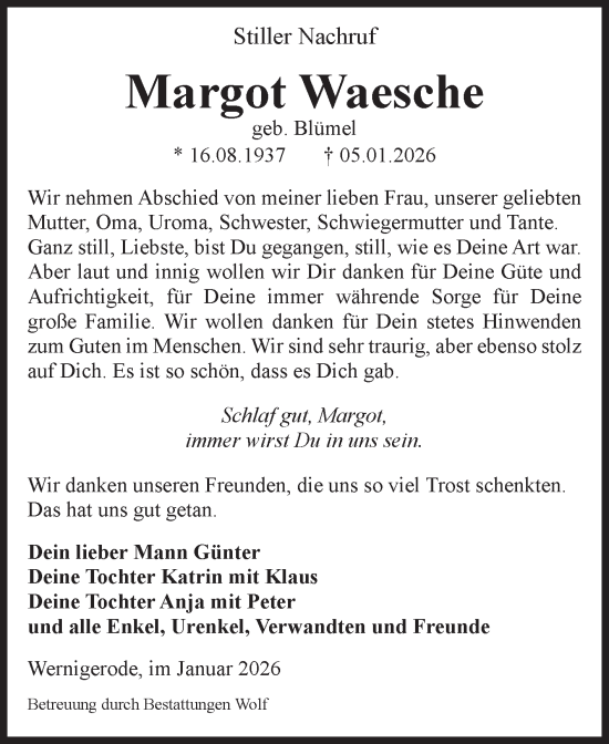 Traueranzeige von Margot Waesche von Volksstimme Wernigerode