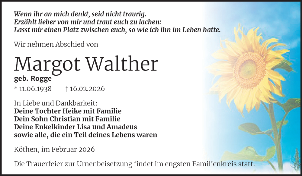  Traueranzeige für Margot Walther vom 28.02.2026 aus Trauerkombi Köthen