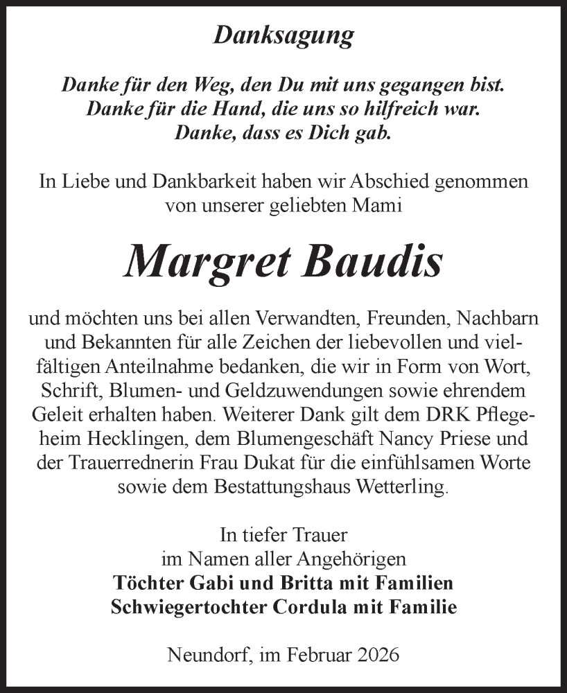  Traueranzeige für Margret Baudis vom 07.02.2026 aus Volksstimme Staßfurt