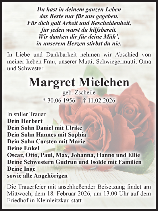 Traueranzeige von Margret Mielchen von Volksstimme Zerbst