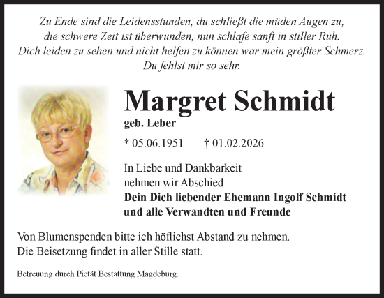 Traueranzeige von Margret Schmidt von Volksstimme Magdeburg