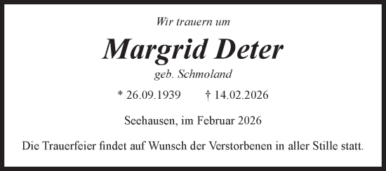 Traueranzeige von Margrid Deter von Volksstimme Altmark Ost