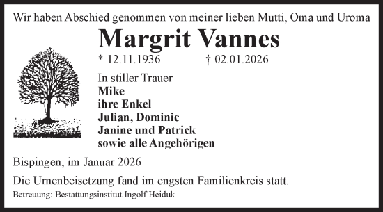 Traueranzeige von Margrit Vannes von Volksstimme Schönebeck