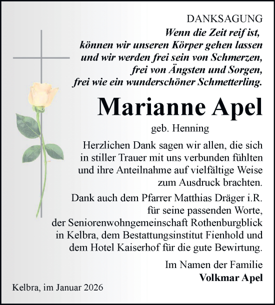 Traueranzeige von Marianne Apel von Trauerkombi Sangerhausen