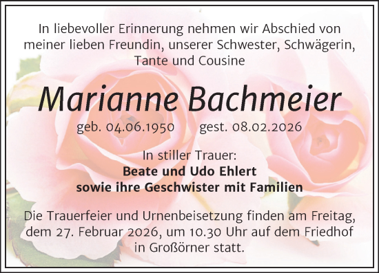 Traueranzeige von Marianne Bachmeier von Trauerkombi Mansfelder Land