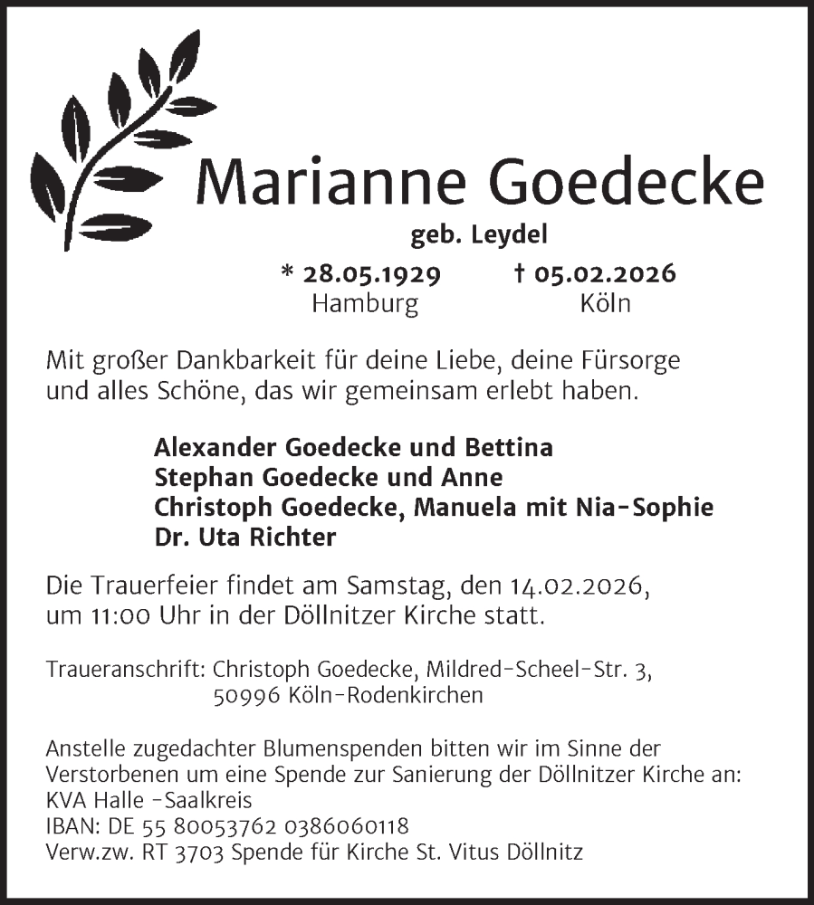  Traueranzeige für Marianne Goedecke vom 14.02.2026 aus Trauerkombi Merseburg