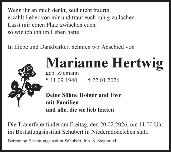 Traueranzeige von Marianne Hertwig von Volksstimme Haldensleben/Wolmirstedt
