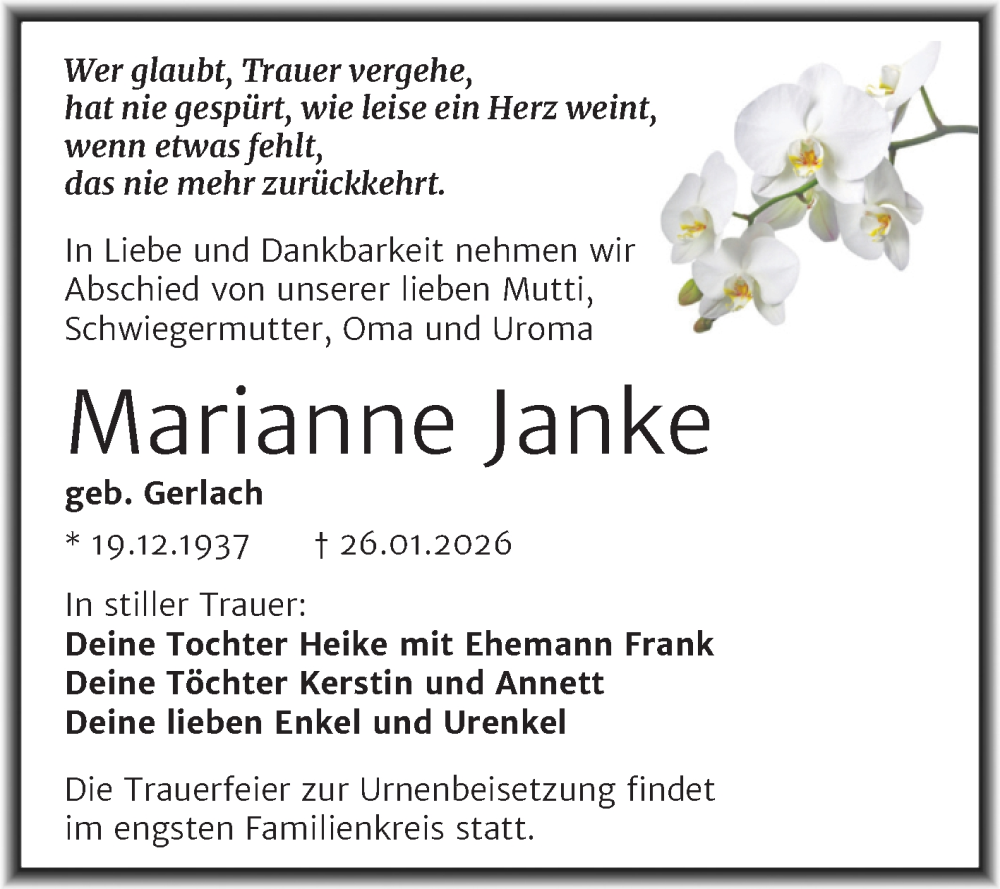  Traueranzeige für Marianne Janke vom 07.02.2026 aus Trauerkombi Mansfelder Land