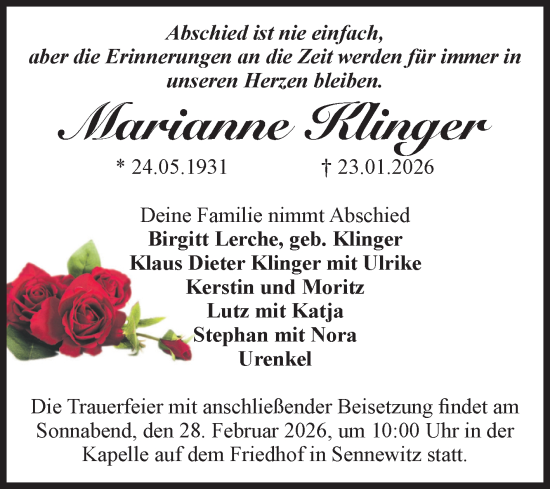 Traueranzeige von Marianne Klinger von Volksstimme Magdeburg