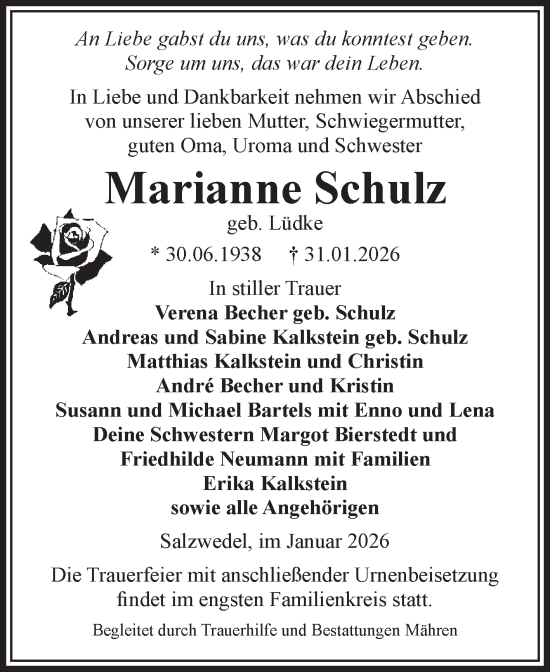 Traueranzeige von Marianne Schulz von Volksstimme Altmark West