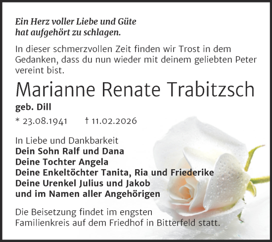 Traueranzeige von Marianne Renate Trabitzsch von Trauerkombi Bitterfeld
