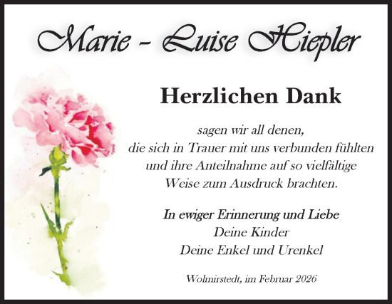 Traueranzeige von Marie-Luise Hiepler von Volksstimme Haldensleben/Wolmirstedt