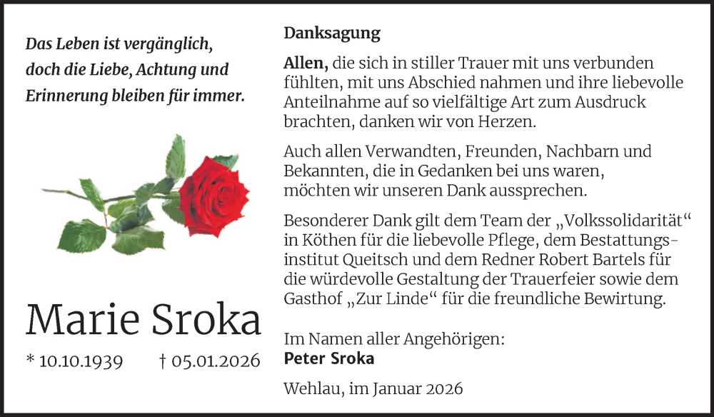  Traueranzeige für Marie Sroka vom 07.02.2026 aus Trauerkombi Köthen