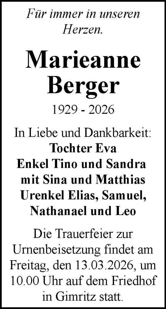 Traueranzeige von Marieanne Berger von Mitteldeutsche Zeitung Halle/Saalkreis