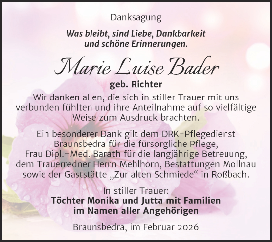 Traueranzeige von Marie Luise Bader von Trauerkombi Merseburg