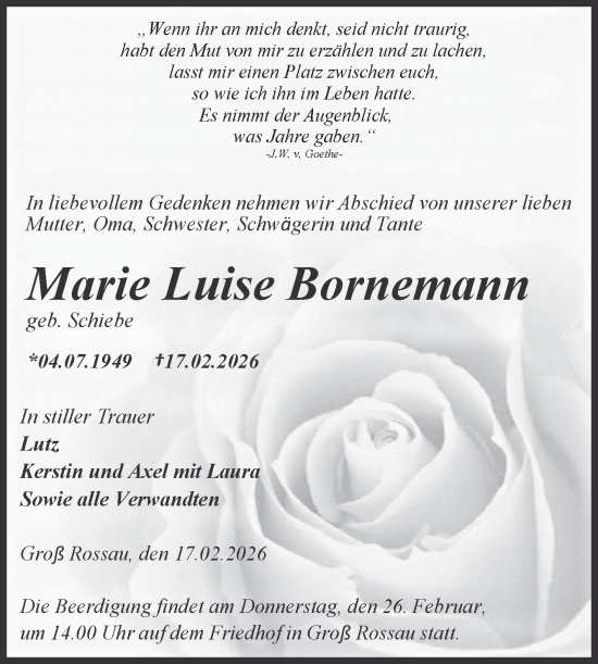 Traueranzeige von Marie Luise Bornemann von Volksstimme Altmark Ost