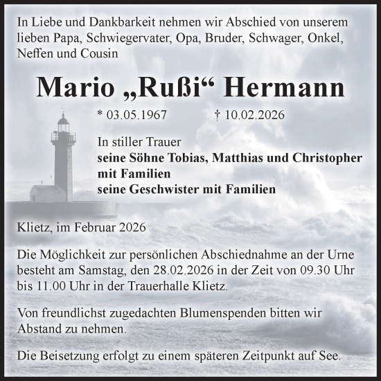 Traueranzeige von Mario Hermann von Volksstimme Altmark Ost