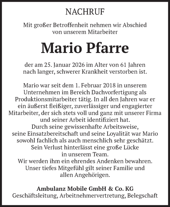 Traueranzeige von Mario Pfarre von Volksstimme Schönebeck