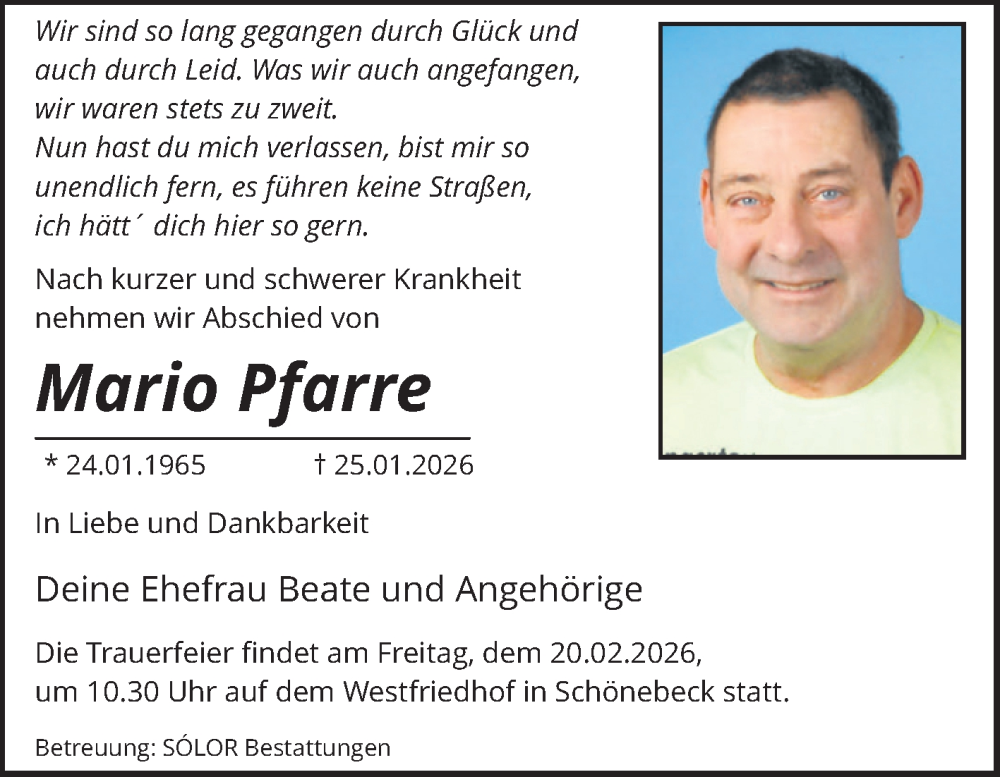  Traueranzeige für Mario Pfarre vom 07.02.2026 aus Volksstimme Magdeburg