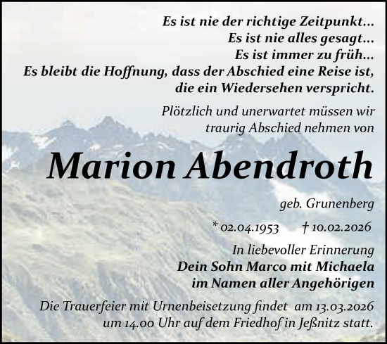 Traueranzeige von Marion Abendroth von Trauerkombi Bitterfeld