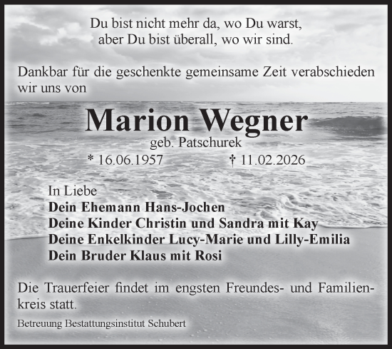 Traueranzeige von Marion Wegner von Volksstimme Magdeburg