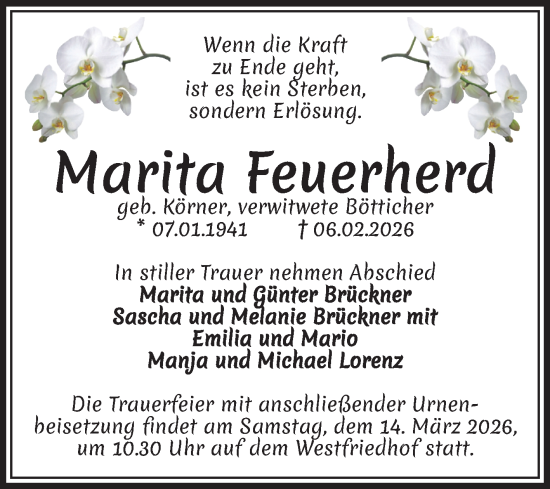 Traueranzeige von Marita Feuerherd von Volksstimme Magdeburg