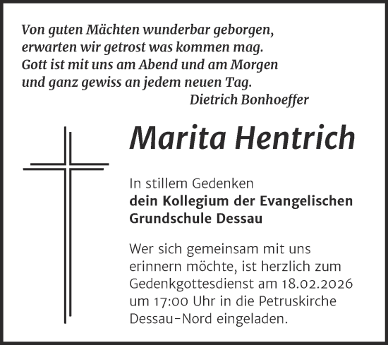 Traueranzeige von Marita Hentrich von Super Sonntag Dessau-Roßlau