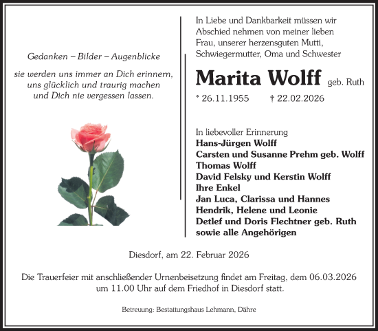 Traueranzeige von Marita Wolff von Volksstimme Altmark West