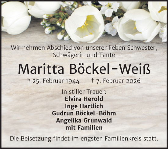 Traueranzeige von Maritta Böckel-Weiß von Mitteldeutsche Zeitung Halle/Saalkreis