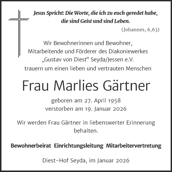 Traueranzeige von Marlies Gärtner von Super Sonntag Wittenberg