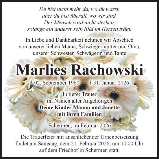 Traueranzeige von Marlies Rachowski von Volksstimme Burg/Genthin