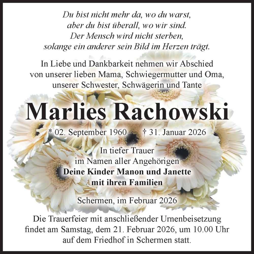  Traueranzeige für Marlies Rachowski vom 14.02.2026 aus Volksstimme Burg/Genthin
