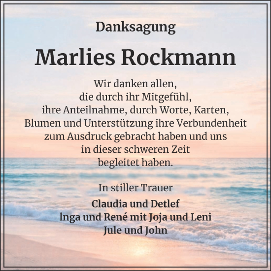 Traueranzeige von Marlies Rockmann von Trauerkombi Quedlinburg