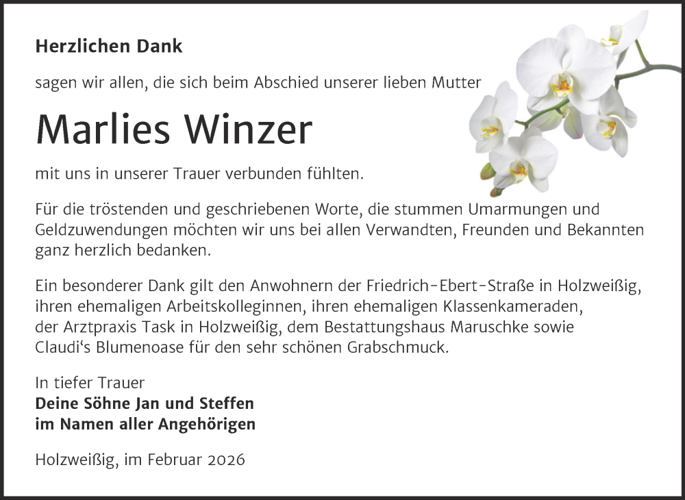  Traueranzeige für Marlies Winzer vom 07.02.2026 aus Trauerkombi Bitterfeld
